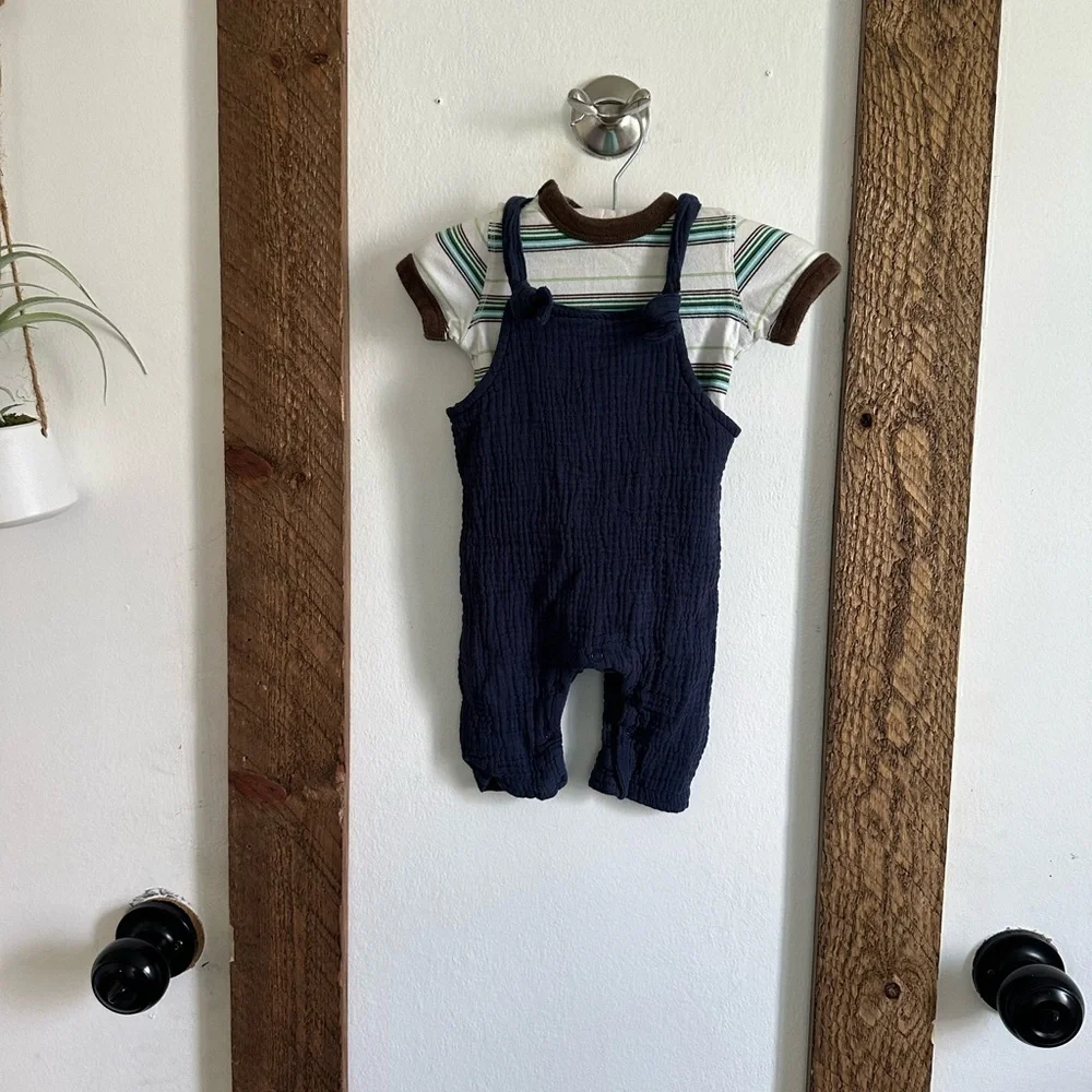 Vintage GAP Stripe Bodysuit & Chick Pea Overalls Baby Boy Matching Outfit 0-3 M